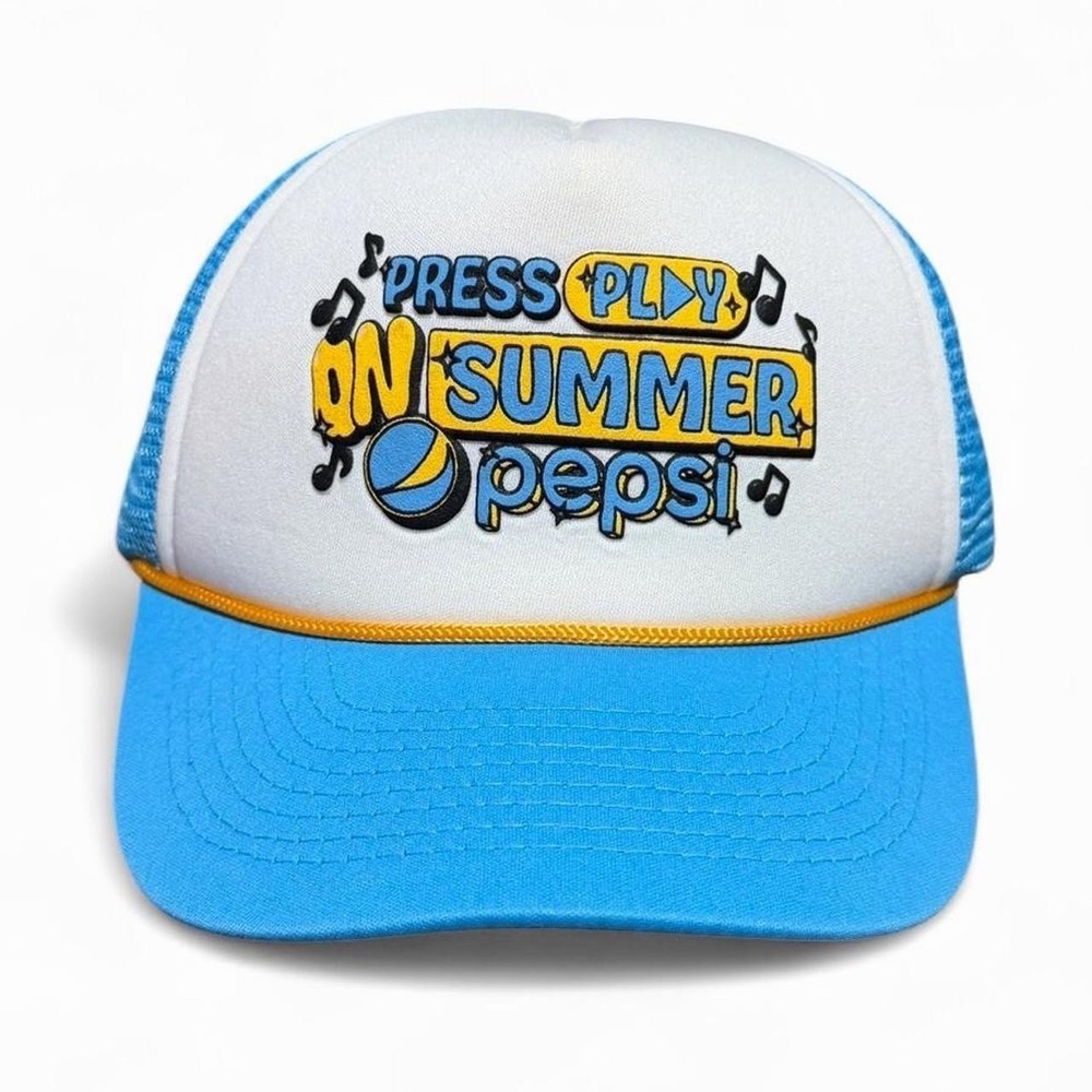 Vintage 90s Pepsi Press Play On Summer Retro Promo Trucker Hat Cap OSFA Snapback
